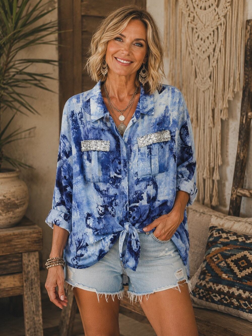 Chico’s Blue Tie Dye Sequin Pocket Tie Front Blouse Boho Artsy Women’s 2 Large